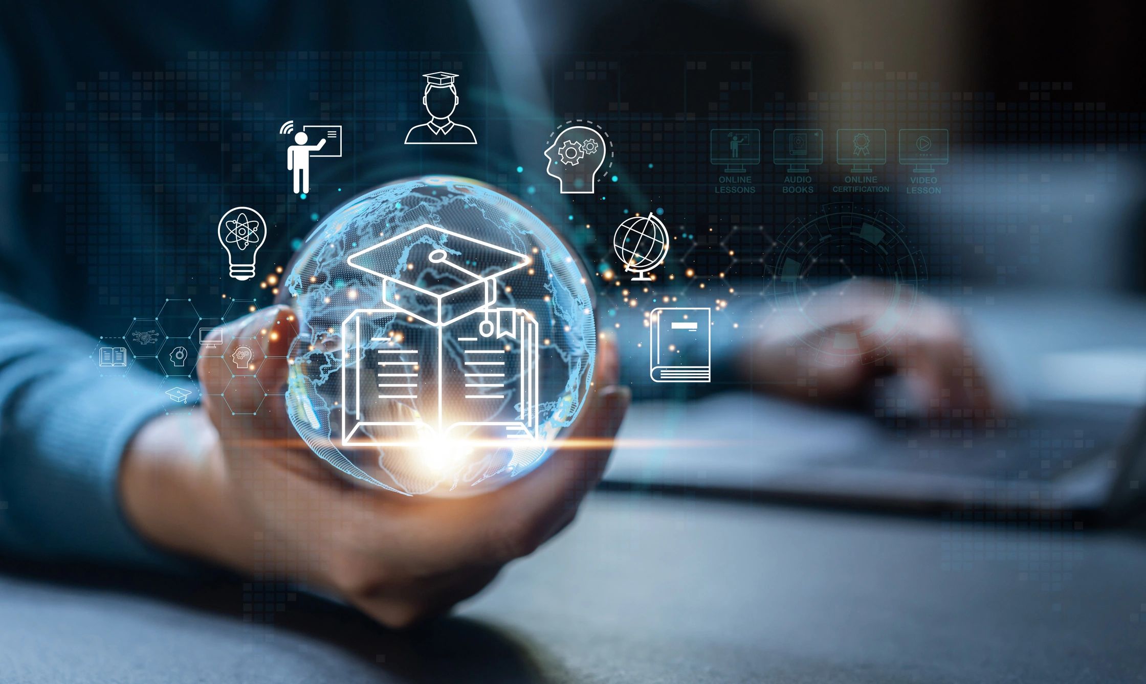 Human with technology internet learning and study online